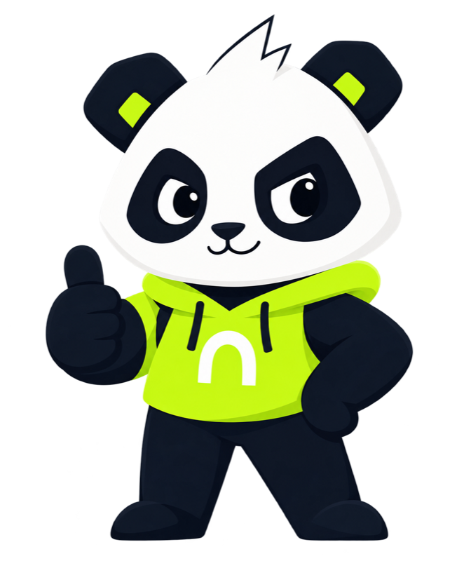 Panda Noko w limonkowej bluzie pokazuje kciuk w górę